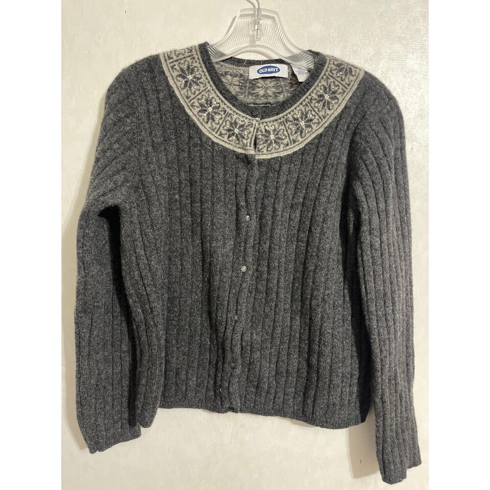 Old Navy Button Front Cardigan Lambs Wool Sweater Embellished Neckline Size XL
